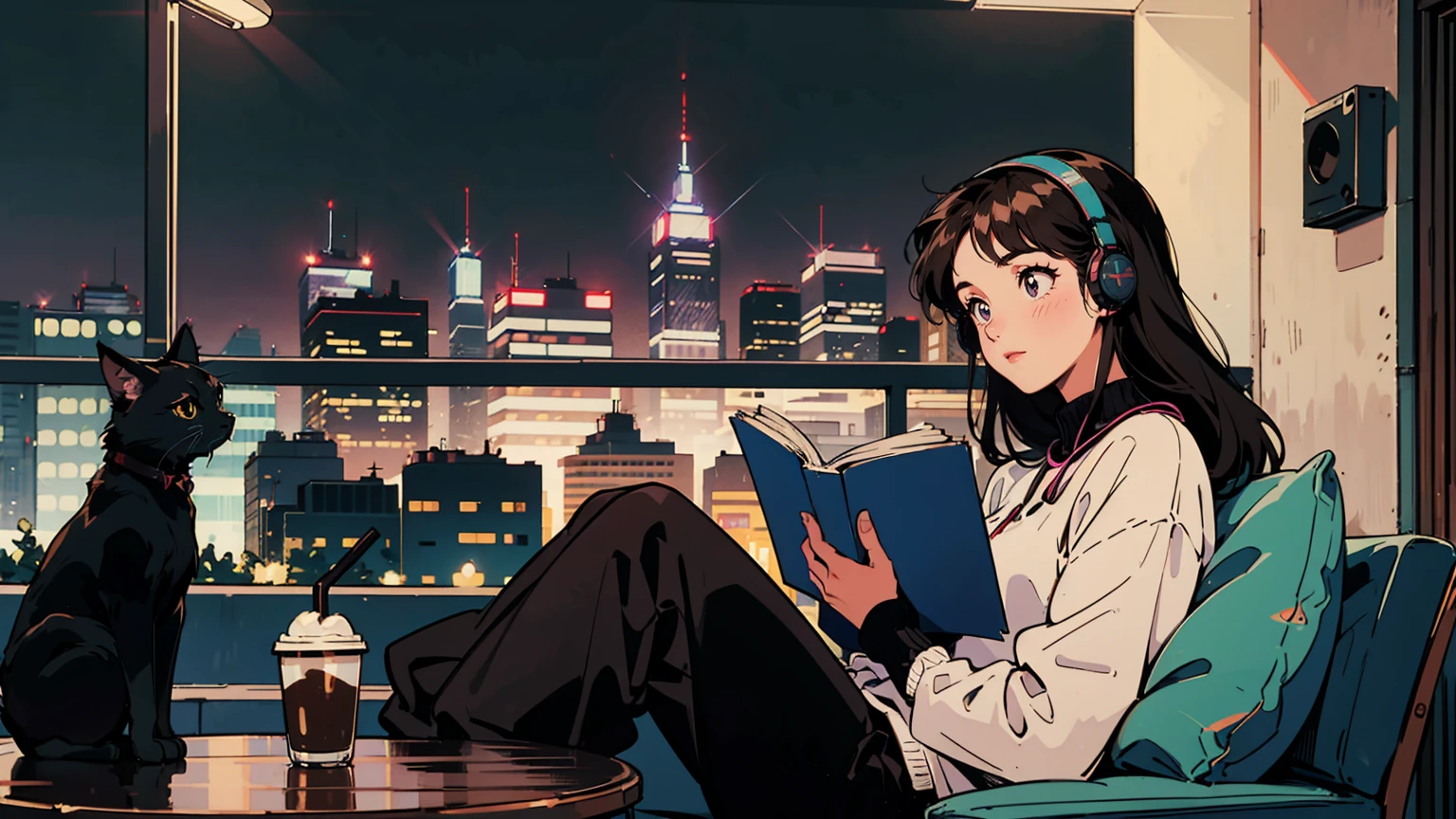 Highest quality, 8k, 1990s style,Hairstyles of the 2010s, 21 year old girl, Black Hair, Long Hair, Light brown eyes, City Pop, pants ,Night view, Wear headphones,Reading a book, whole body, Relax Coffee,table,making,look at me, Black cat