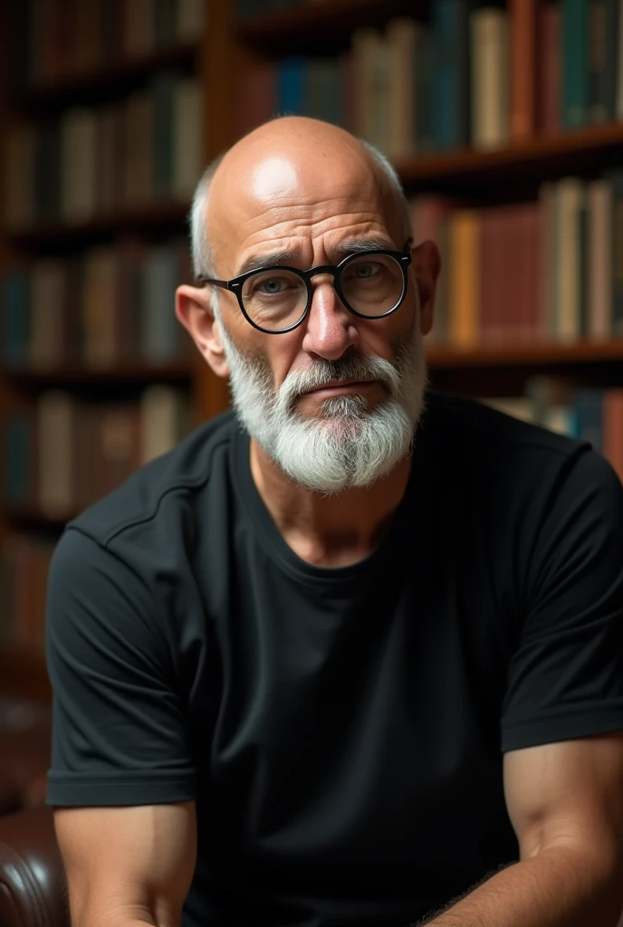 Caucasian man, thin face , mustache and white beard completely bald no hair aquiline nose round glasses black frame gray lens , black t-shirt sitting in a library with books behind his back 