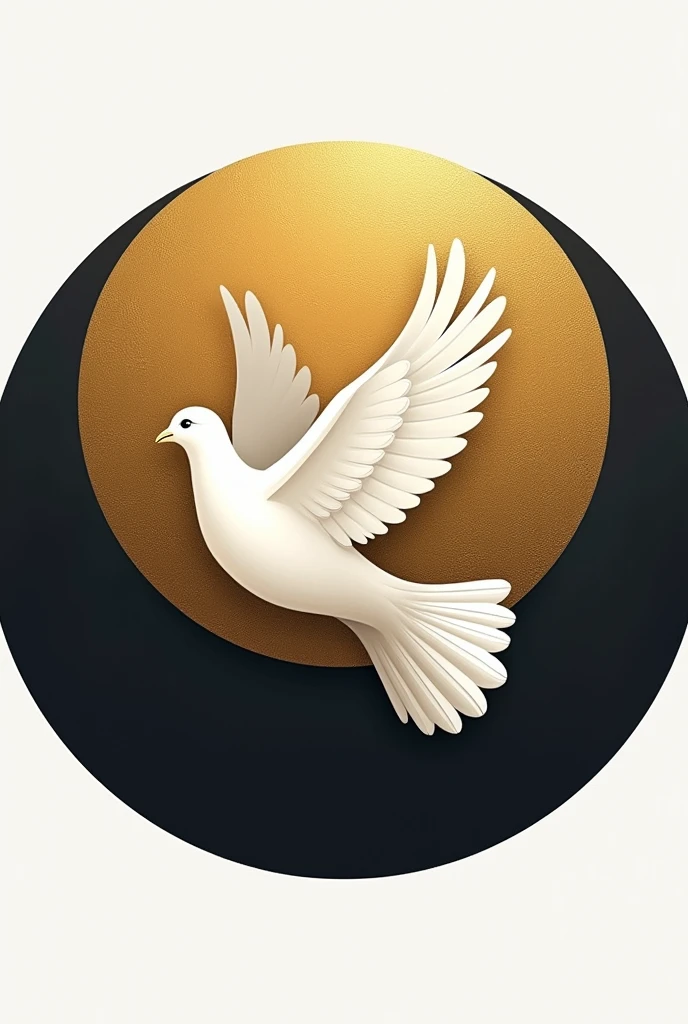 a circular logo of a white dove flying to the left side, with the gold and black background