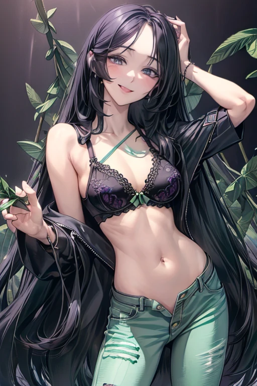 Very detailed、highest quality、Best image quality、masterpiece、8k、Anime Face、A kind smile、Open Mouth、((black long hair:1.5))、huge breast, sexy、 beautiful body 、Cowboy Shot, Sexual Intercourse, (purple eyes), hotel bedroom, ((( Jeans))), ((((mint bra))))