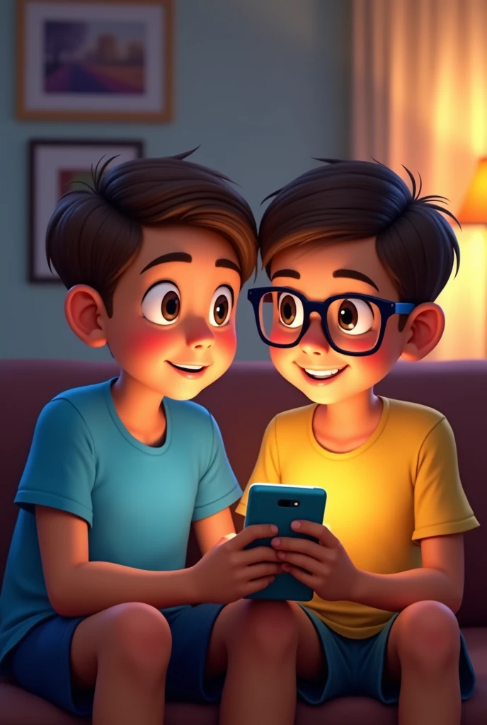 Two age boys, Big face and eyes, Brighten the overall image, Looking at a smartphone in the living room, Disneyピクサーの漫画ポスターを作成する. Blue shirt and yellow shirt. Fat boy and skinny boy, smile, He wears glasses.、Has short brown hair. Depict this scene from the perspective of someone facing the phone, smile. Disney, Pixar Style, This art in full HD ,Colorful and pop , Focus on the cinematic touch, Disney/Pixar Animation Style Vertical 1920 Create a 1080-size image
