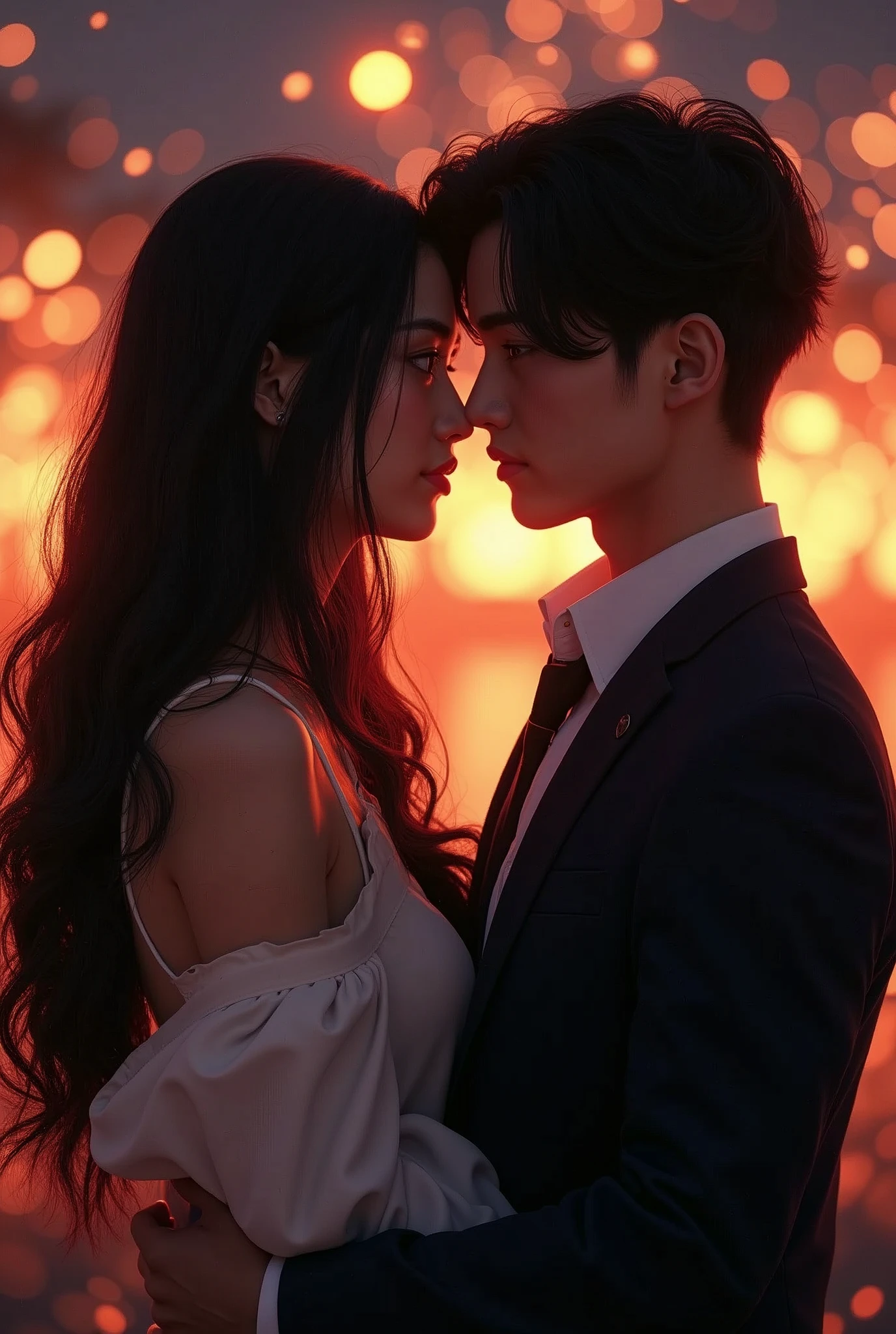 (masutepiece, Digital Art, Digital Illustration, 4K, 8K, Ultra-detailed, beautiful image, Sharp Image, Photorealistic, Raw photo, Perfect face, Perfect lines, Perfect eyes, Soft lighting) 1 woman, (Long Black Hair,straight haired,Bullish gaze,Beautie,Solid makeup,femele,small tits:1.3),Two handsome men in suits, (ember,Men in suits,well-muscled,Firm shoulder width,Adult male,Boyish hairstyle,English gentlemanly style,Man in his 30s with a cool expression,28-year-old man with bright smile:1.2),Japanese traditional night kimono、Fireworks Festival、Cute yukata、Uchiwa、kiss、a couple、couple kissing、Romance、ssex、have sex、