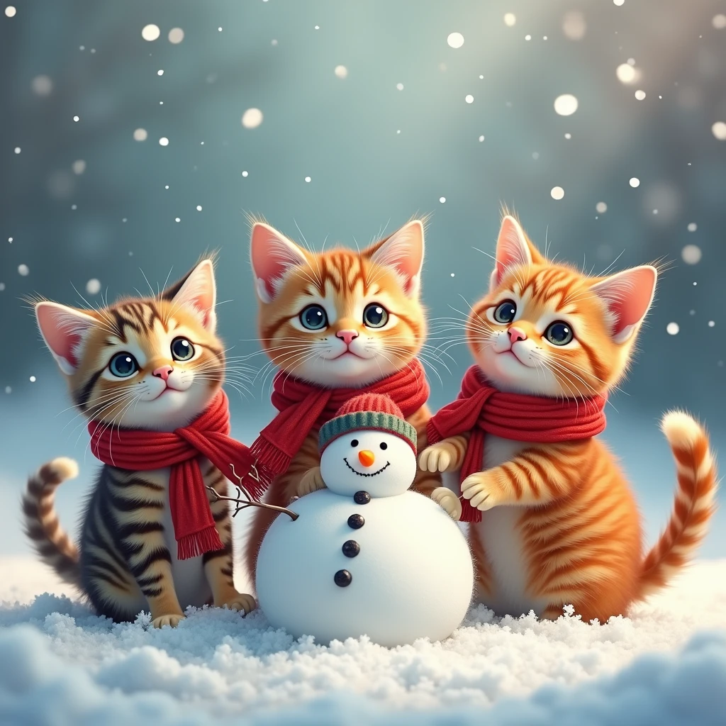 A group of three cats wearing Christmas scarves, playing in the snow with a snowman, detailed, cute, whimsical, soft pastel colors, warm lighting, magical winter scene, detailed feline features, expressive cat faces, fluffy cat fur, intricate snowflakes, sparkling snow, (best quality,8k,masterpiece:1.2),ultra-detailed,(realistic,photorealistic:1.37),warm holiday atmosphere 16k