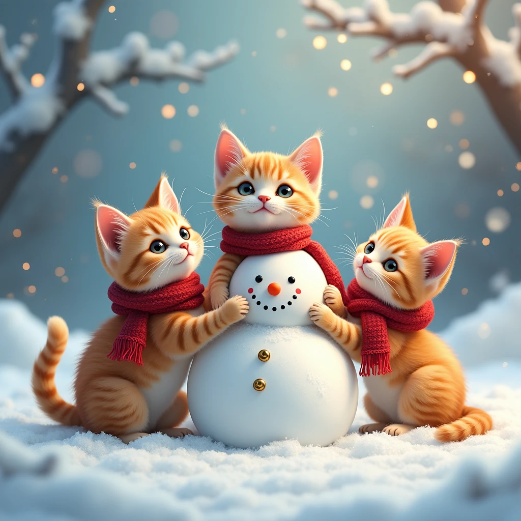 A group of three cats wearing Christmas scarves, playing in the snow with a snowman, detailed, cute, whimsical, soft pastel colors, warm lighting, magical winter scene, detailed feline features, expressive cat faces, fluffy cat fur, intricate snowflakes, sparkling snow, (best quality,8k,masterpiece:1.2),ultra-detailed,(realistic,photorealistic:1.37),warm holiday atmosphere 16k