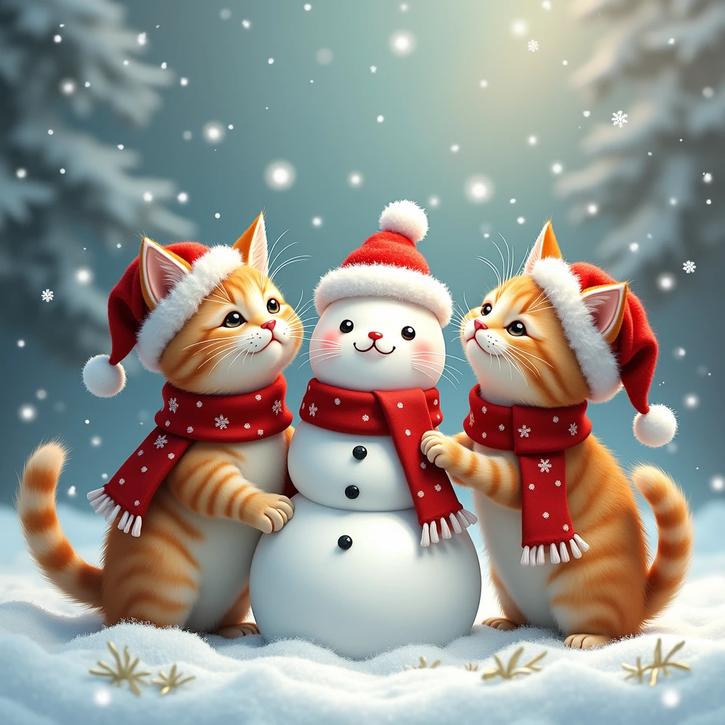 A group of three cats wearing Christmas scarves, playing in the snow with a snowman, detailed, cute, whimsical, soft pastel colors, warm lighting, magical winter scene, detailed feline features, expressive cat faces, fluffy cat fur, intricate snowflakes, sparkling snow, (best quality,8k,masterpiece:1.2),ultra-detailed,(realistic,photorealistic:1.37),warm holiday atmosphere 16k