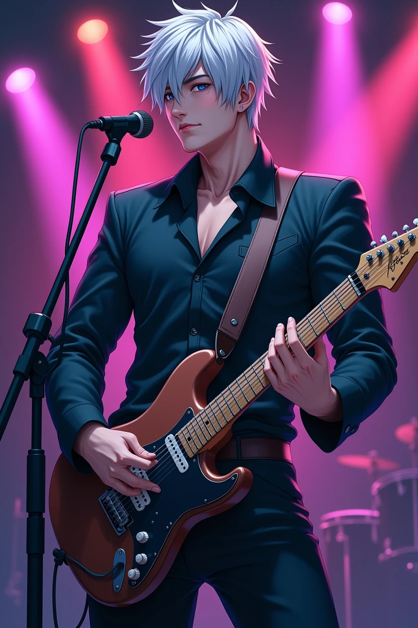 2D Manga、Male singer、Handsome、Silver hair、stage、Guitar、whole body、Neon lights,HD
