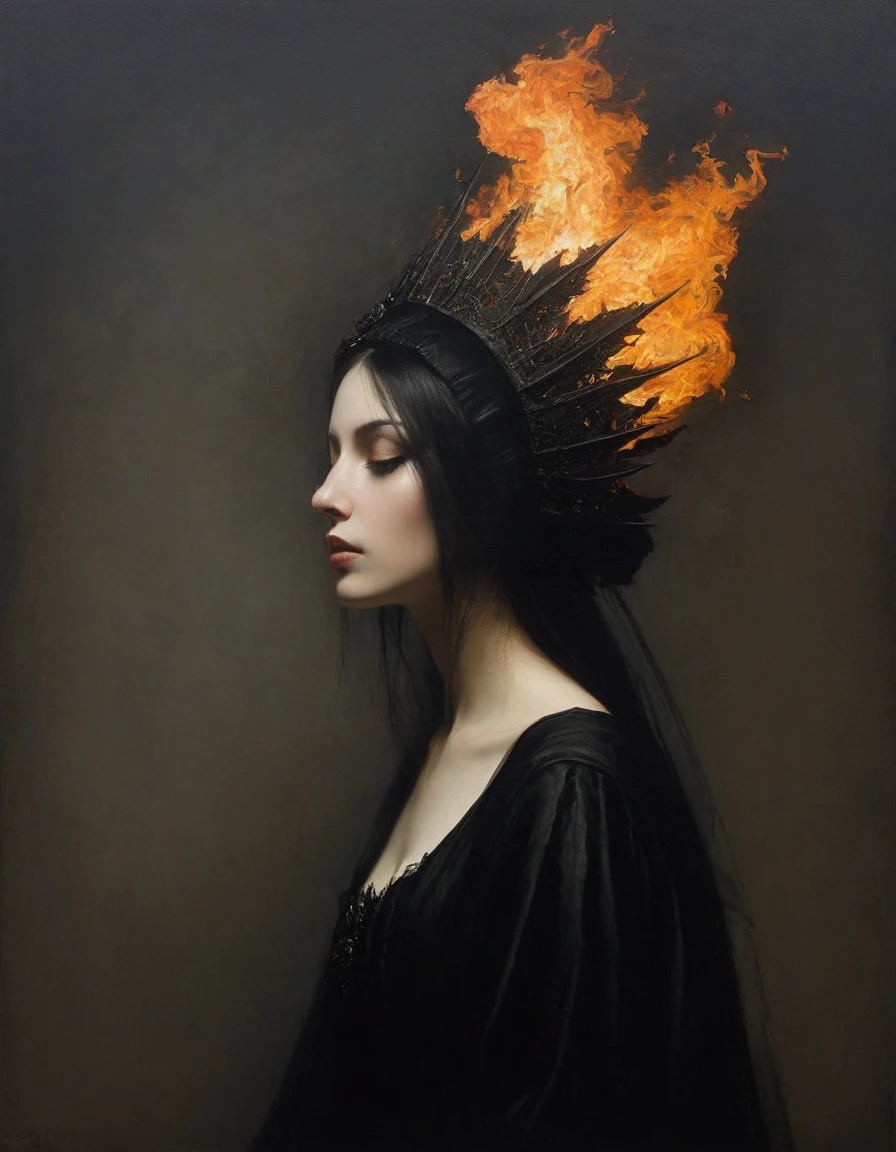 sideview,James Gurney, Surrealist art , dream-like, mysterious, Provocative, symbolic, Complex, detailed,, (Gothic but very beautiful:1.4), (masterpiece, Highest quality:1.4) , Nicola Samori Style, Fire Queen