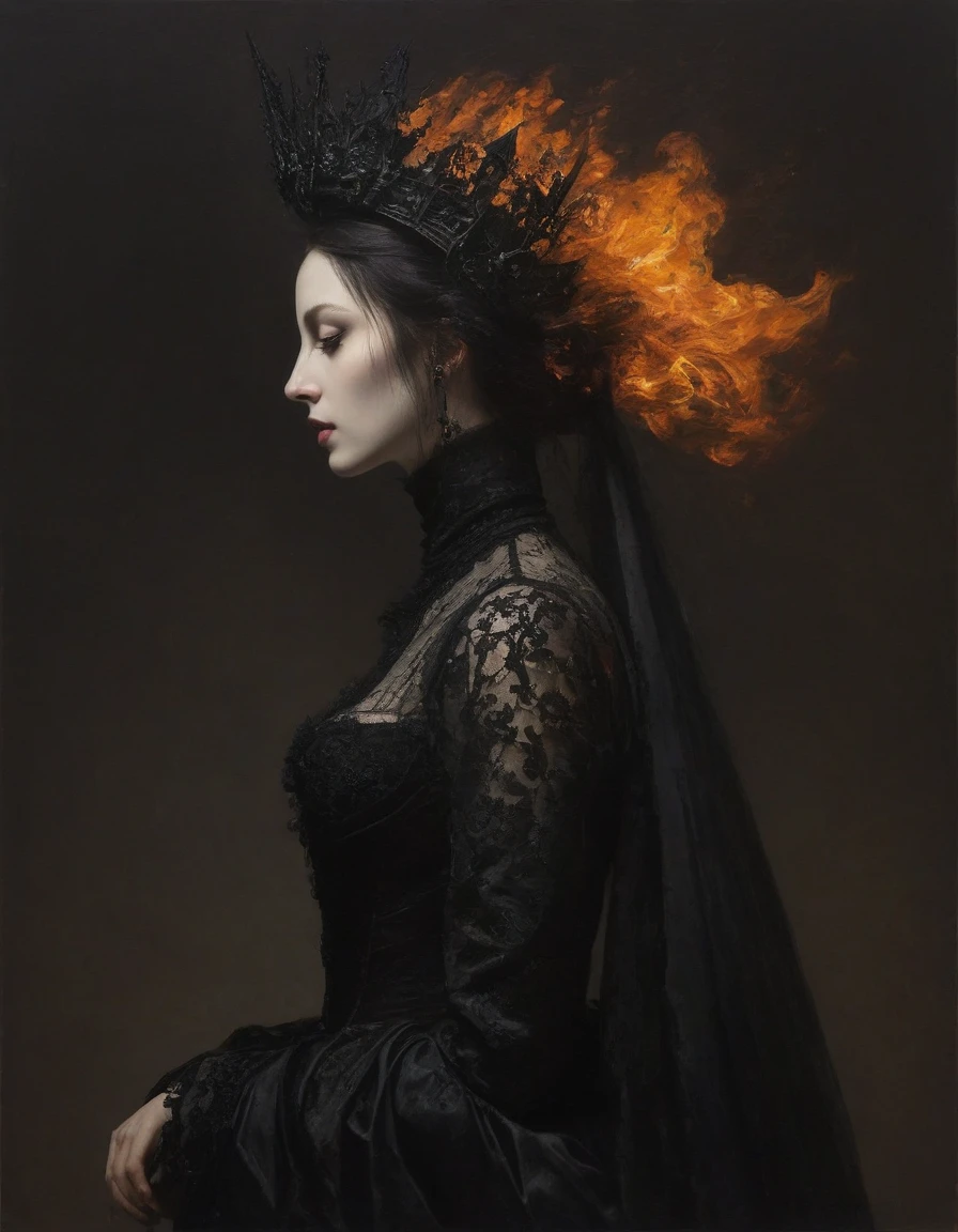 sideview,James Gurney, Surrealist art , dream-like, mysterious, Provocative, symbolic, Complex, detailed,, (Gothic but very beautiful:1.4), (masterpiece, Highest quality:1.4) , Nicola Samori Style, Fire Queen