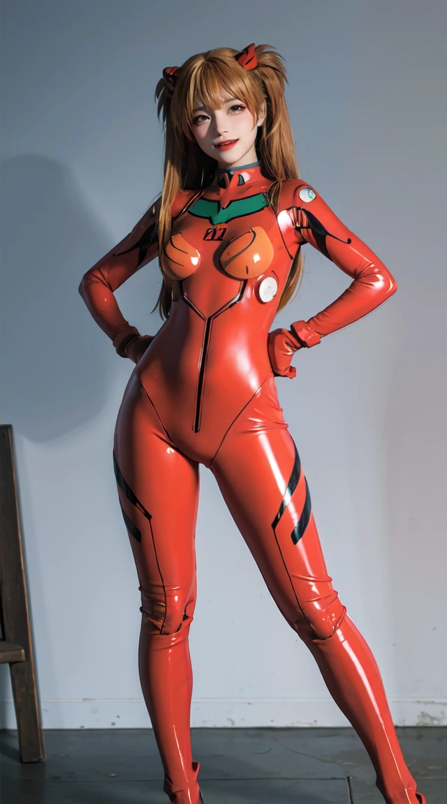 One girl, Beautiful Face, asuka Cosplay costume, Cosplay, Plug Suit, Bodysuits, hair ornaments,Hands on hips,Standing with your legs apart,Middle age,grandmother