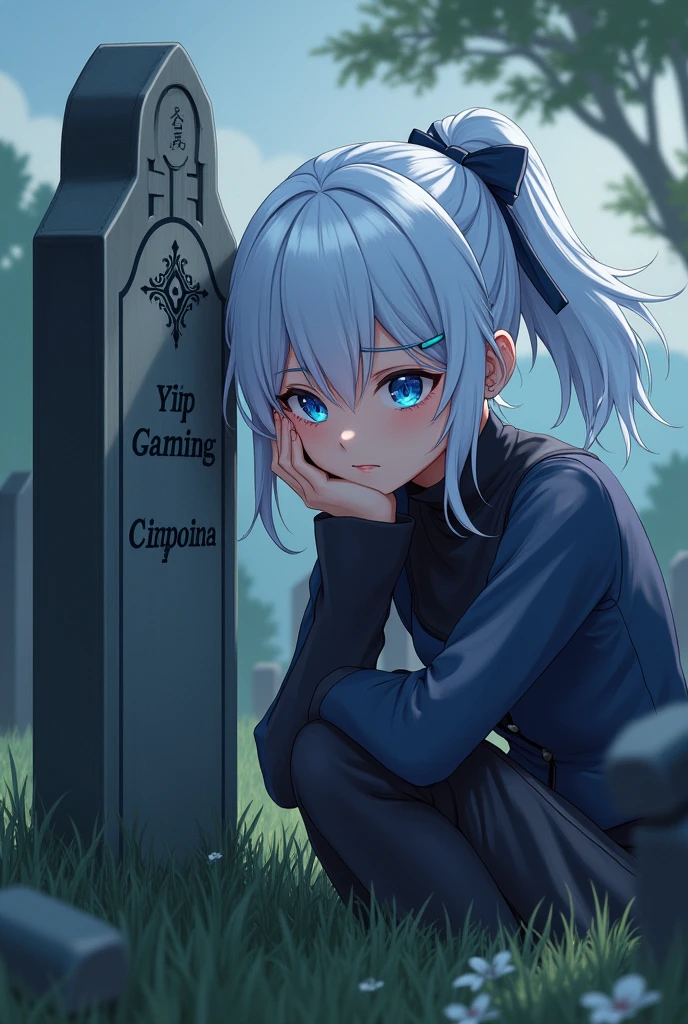 I HAVE A EVERYTHING TO DO, A WOMAN of at least 19 or 20 years old, Genshin Impact character, white hair in a ponytail, blue eyes, leaning in the cemetery, she looks sad. She looks towards the grave. The grave belongs to Yip Gaming, Genshin Impact character. genshin impact art.