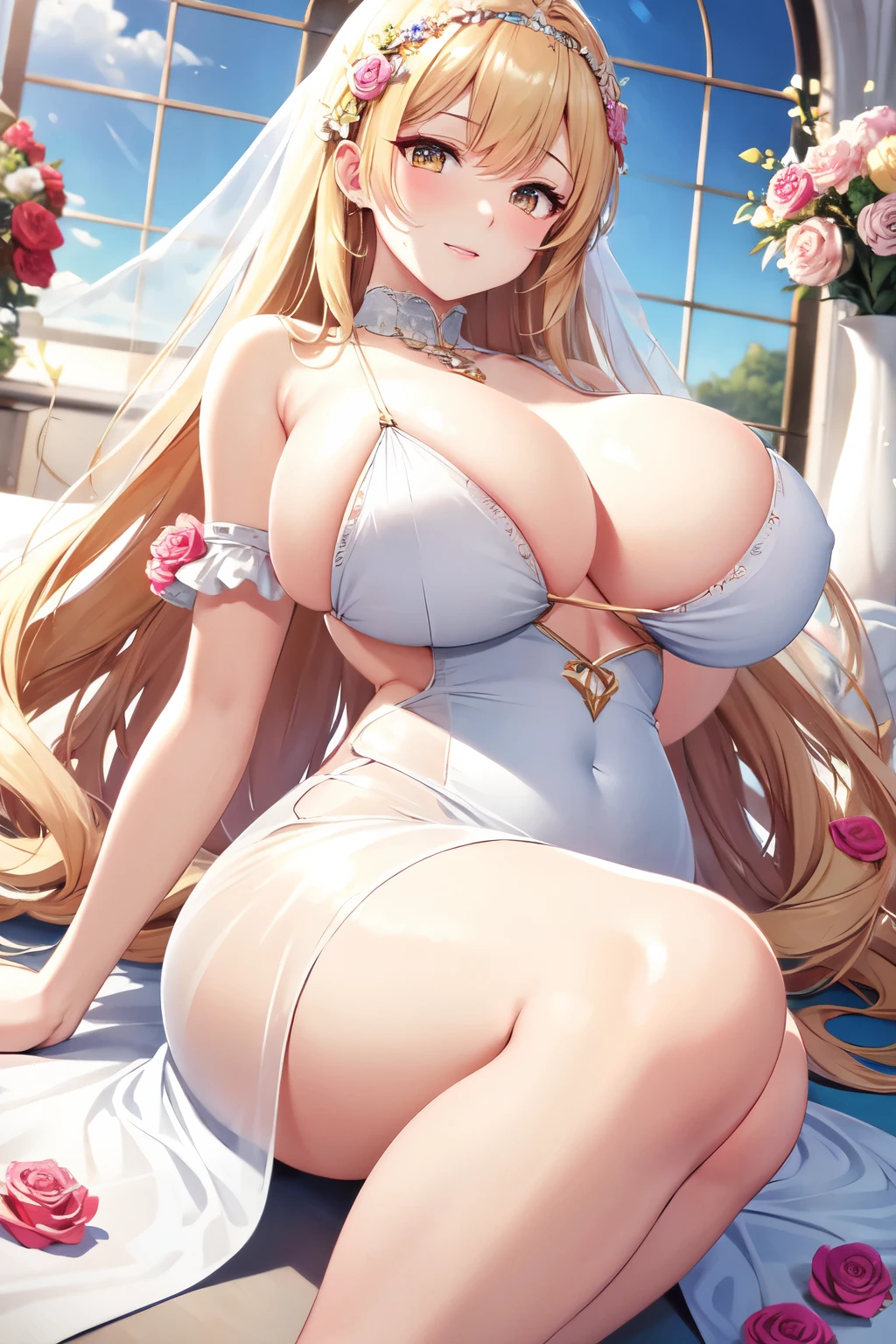 (masterpiece, Absurd quality, Official Art, beautiful and aesthetic:1.2), professional, Bright colors, Octane Rendering, Beautiful woman with long blonde hair, Curtain edge, Yellow eyes, lying on a bed of flowers, ((Lying down)), Looking at the sky, Beautiful flowing opaque white dress, goddess, Female pose, Full background, ((silk)), (Flowers, Rose), In-depth background, View from afar, glow, iridescent dress, Jewelry, window, Blue sky, cloud, castle, whole body, Soft lighting, 8K, best quality, best quality, ((Anatomically correct))Huge breasts(100.0) Huge breasts(100.0) Huge breasts(100.0) Huge breasts(100.0) Huge breasts(100.0) Huge breasts(100.0)