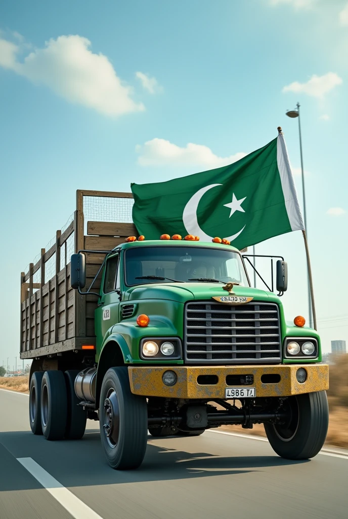 Flatbed truck with Pakistani flag decoration 