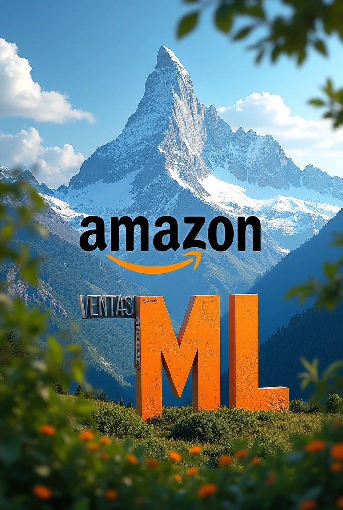 Create an image that contains the phrase "AMAZON AND ML SALES" in Spanish, with a mountain in the background