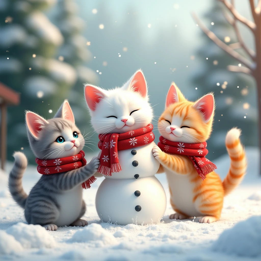 A group of three cats wearing Christmas scarves, playing in the snow with a snowman, detailed, cute, whimsical, soft pastel colors, warm lighting, magical winter scene, detailed feline features, expressive cat faces, fluffy cat fur, intricate snowflakes, sparkling snow, (best quality,8k,masterpiece:1.2),ultra-detailed,(realistic,photorealistic:1.37),warm holiday atmosphere 16k