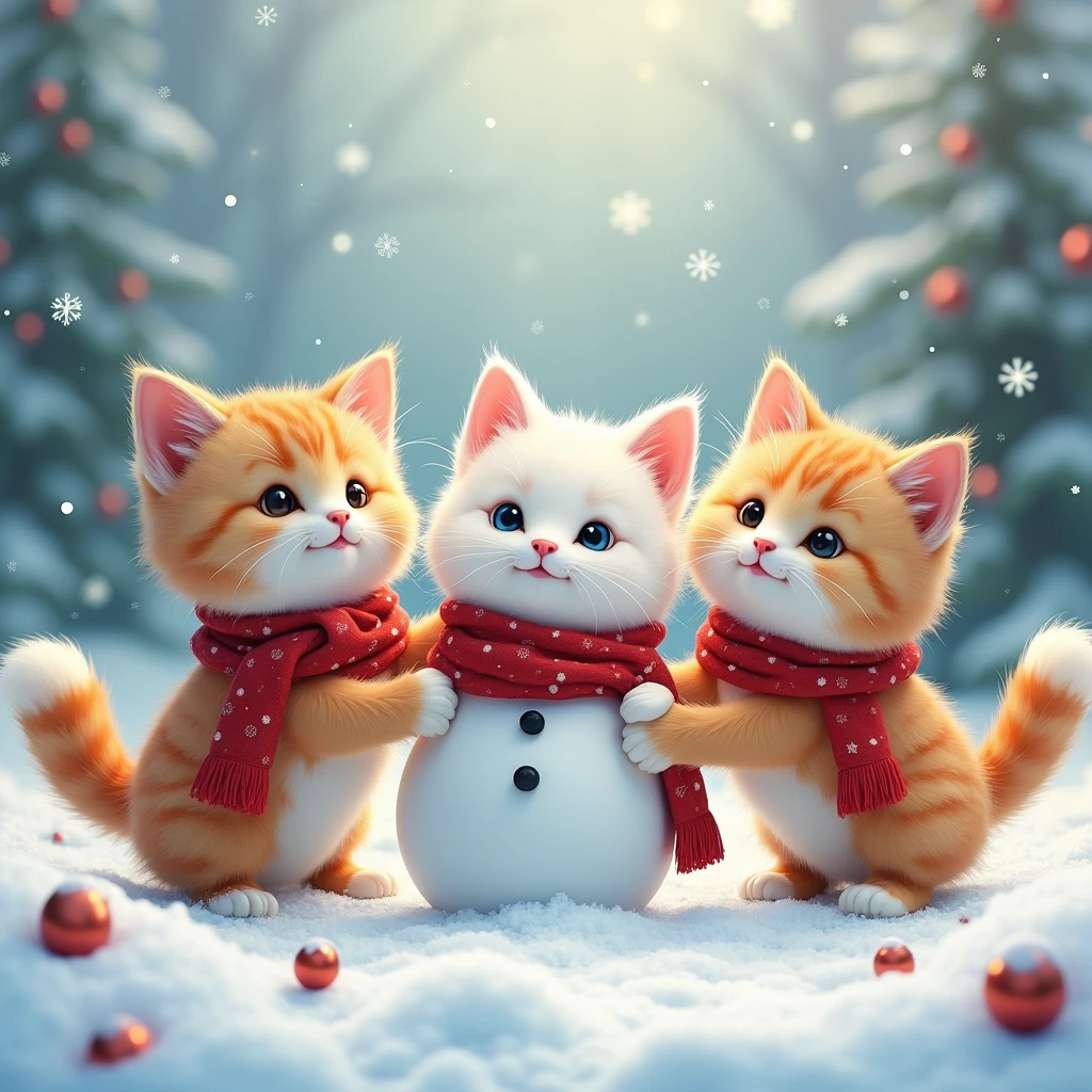 A group of three cats wearing Christmas scarves, playing in the snow with a snowman, detailed, cute, whimsical, soft pastel colors, warm lighting, magical winter scene, detailed feline features, expressive cat faces, fluffy cat fur, intricate snowflakes, sparkling snow, (best quality,8k,masterpiece:1.2),ultra-detailed,(realistic,photorealistic:1.37),warm holiday atmosphere 16k