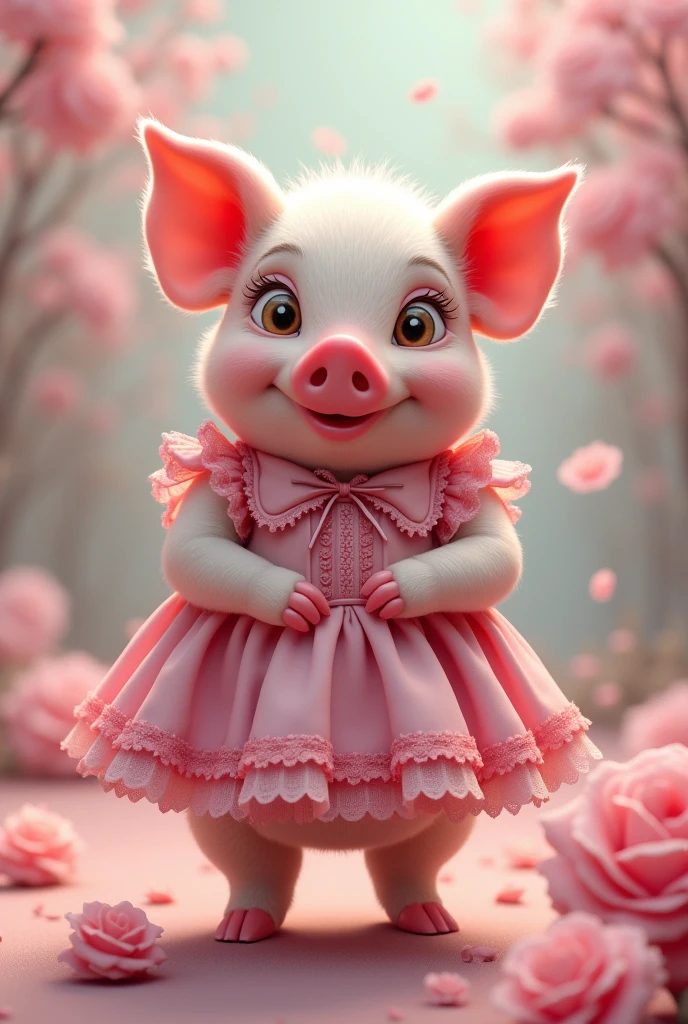 A pig in a pink dress and red lips