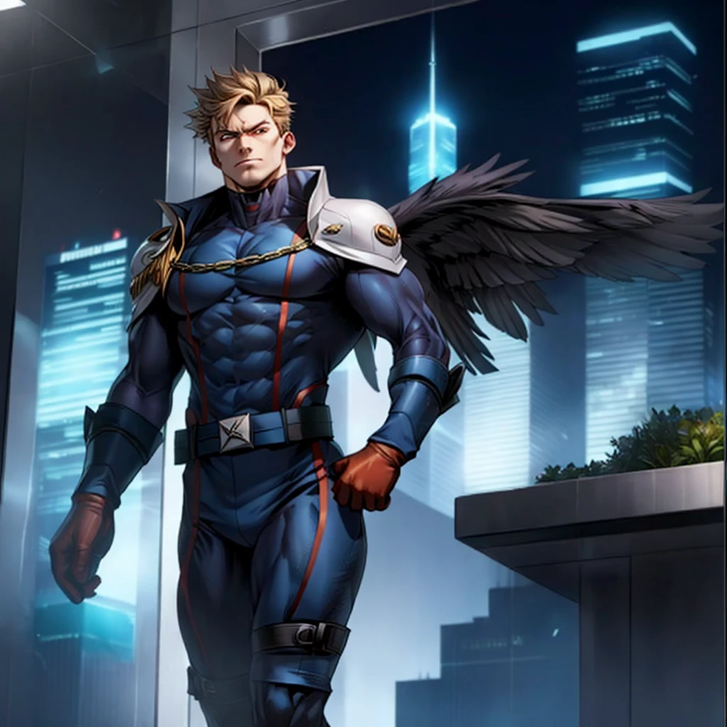 HomelanderComicACC, male superhero, male, 1 male, anime male, a man with black hair, stands tall and imposing, superhero outfit, a futuristic sci-fi style blue winter jacket on top of his bodysuit, a dark blue bodysuit, his face concealed by a falcon concept mask, full_mask, matching trousers, a belt cinched at the waist, colorful grey gloves, blue winter jacket on top of his bodysuit, jacket, he stands atop a futuristic high-rise, he surveys the city night view, this character embodies a finely crafted futuristic sci-fi, exquisite and mature manga art style, high definition, best quality, highres, ultra-detailed, ultra-fine painting, extremely delicate, professional, perfect body proportions, golden ratio, anatomically correct, symmetrical face, extremely detailed eyes and face, high quality eyes, creativity, RAW photo, UHD, 32k, Natural light, cinematic lighting, masterpiece-anatomy-perfect, masterpiece:1.5