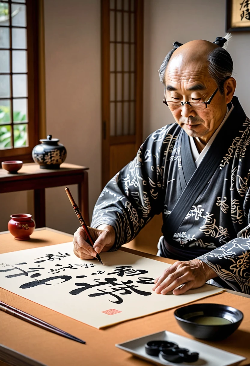 Shodô, Muni d'un pinceau et d'encre de Chine, le calligraphe trace un idéogramme japonais sur du papier, art ancestrale de la calligraphie, trait artistique, finement exécuté, extrêmement détaillé et précis,  matrice,  Hyperréaliste, la plus haute qualité, la plus haute qualité, Résolution 8k, Cinématique, Éclairage dramatique, Extrêmement clair, masterpiece surréaliste à couper le souffle