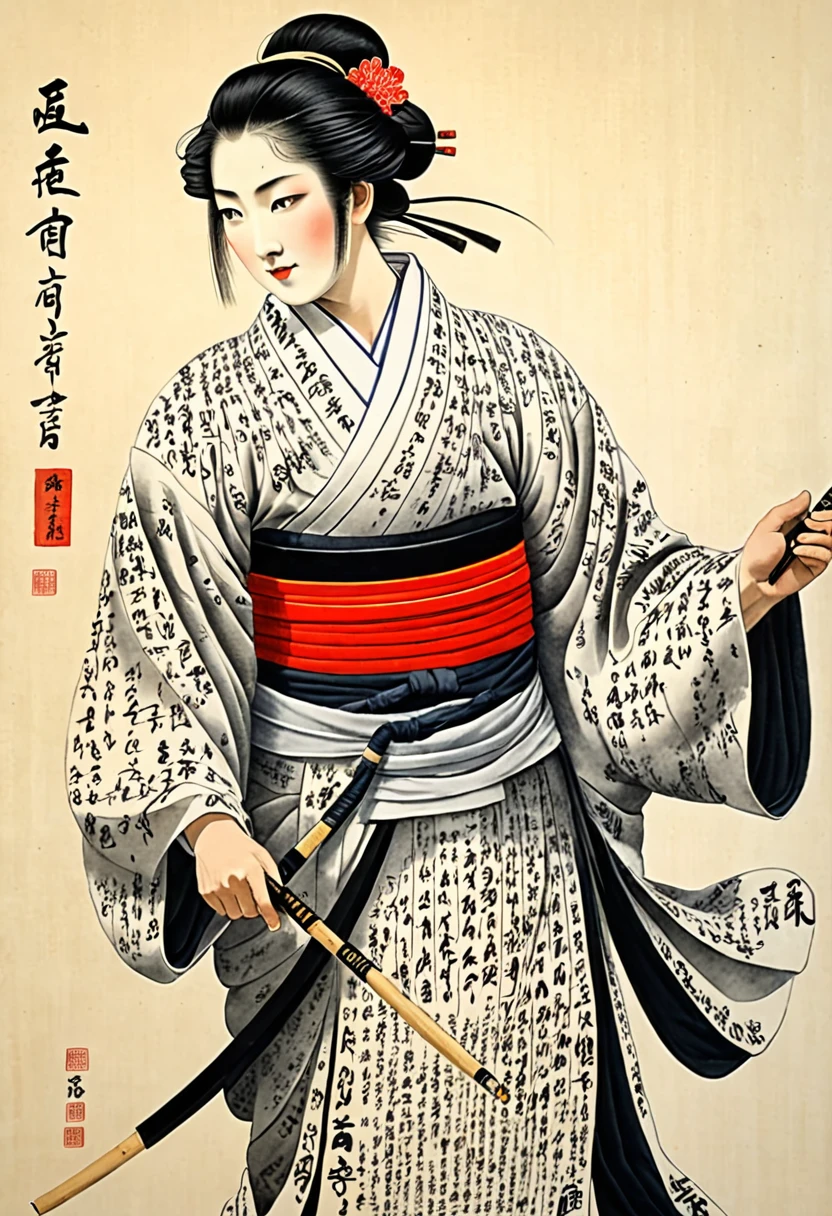 Shodô, Muni d'un pinceau et d'encre de Chine, le calligraphe trace un idéogramme japonais sur du papier, art ancestrale de la calligraphie, trait artistique, finement exécuté, extrêmement détaillé et précis,  matrice,  Hyperréaliste, la plus haute qualité, la plus haute qualité, Résolution 8k, Cinématique, Éclairage dramatique, Extrêmement clair, masterpiece surréaliste à couper le souffle