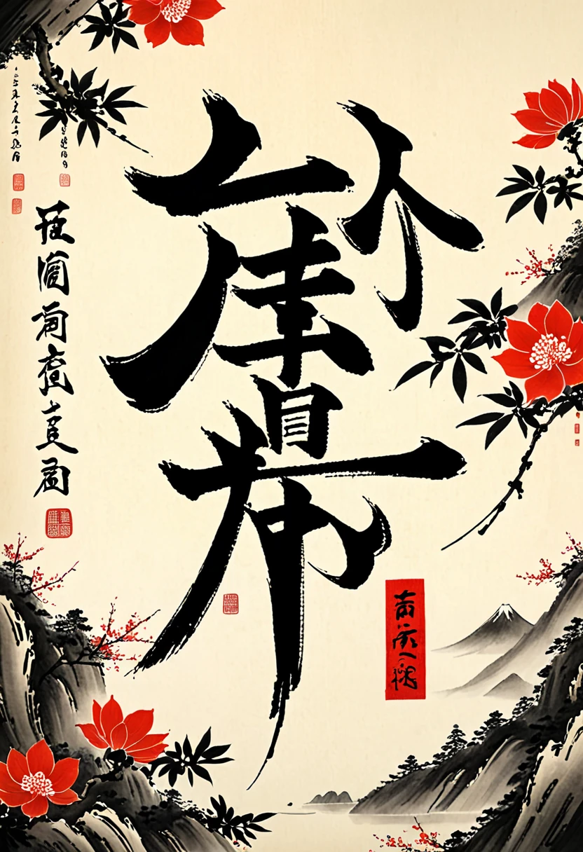 Shodô, Muni d'un pinceau et d'encre de Chine, le calligraphe trace un idéogramme japonais sur du papier, art ancestrale de la calligraphie, trait artistique, finement exécuté, extrêmement détaillé et précis,  matrice,  Hyperréaliste, la plus haute qualité, la plus haute qualité, Résolution 8k, Cinématique, Éclairage dramatique, Extrêmement clair, masterpiece surréaliste à couper le souffle