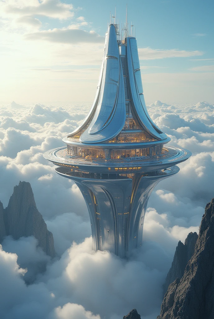 A breathtaking view of a futuristic palace, soaring above towering mountains, made of sleek glass and glossy reflective Metallic silver and gold materials. The palace is a stunning sight to behold, with 300 rooms that glisten in the sunlight. The structure appears to be floating on a sea of clouds, creating a surreal and otherworldly atmosphere. In the distance, one can see other smaller structures, creating a miniature city. The overall ambiance is a blend of high-tech sophistication and awe-inspiring beauty. , retina, accurate, masterpiece, super detail, high details, best quality, award winning, highres, HD, 4K, 8k, 16k, retina, accurate, masterpiece, anatomically correct, textured skin, super detail, high quality, award winning, highres, 8k, 16k
