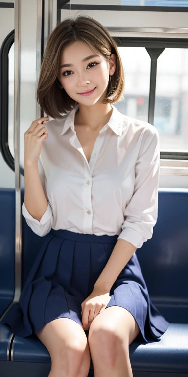 masterpiece、Highest quality、High resolution、wallpaper、Realistic、Bright lighting、Professional Lighting、Face Light、Smooth lighting、Japanese women、Beautiful woman、actress、Modeled、so beautiful、Beautiful Skin、Beautiful and detailed、Detailed face、slim、modest chest、Bob Cut Hair、Brunette Hair、Brown eyes、Soft impression、Gentle expression、Looking into the camera、Show your toes,Tabletop,Hyper Detail(Detailed skin:1.2),(Glowing Skin:1.1) (Highest quality,8k, masterpiece, 超High resolution, RAW写真Realistic:1,4,Soft Saturation:1.3,Sharp focus: 1.2, ),(Fair skin:1.2), Full Body Shot,Random Pause,Japanese Idols,(穏やかでGentle expression:1.5),(A big smile),((Blonde)), Medium Hair, Asymmetrical hair, Wavy Hair,Small Head,Baby Face(Pretty face:1.4),Natural color lip, ( modest chest, Tight waist), 非常にDetailed face,, double eyelid,（A beautiful, attractive young woman with a perfect figure,Child: 1.2），（Accentuate the beauty of your leg lines)、Beautiful feet, A modest bust with full legs and feet visible、school uniform、Navy blue ribbon、Light blue shirt、Navy Blue Skirt、Burning idol pose、in the train、Beautiful legs、
