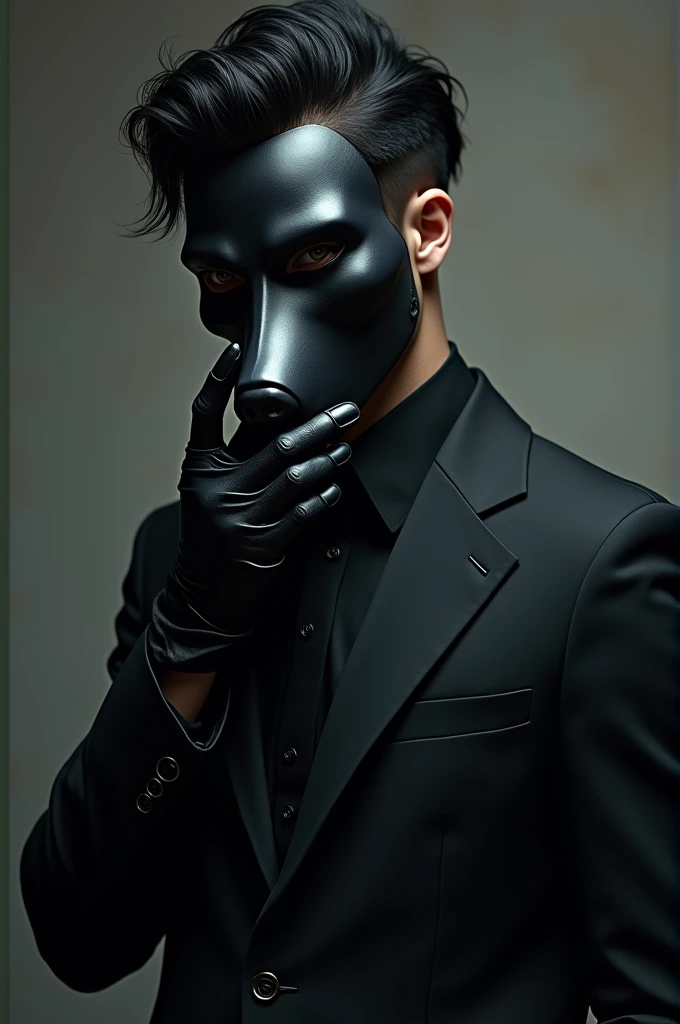 A person wear mask has black hair wolf cut style, wear suit and black glove