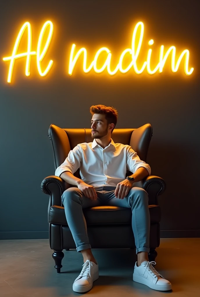 Create a 3D illusion for a profile picture where a 25 year old cute boy in a white shirt sitting casually on a wingback chair. Wearing sneakers. he looks aheab. the background features "Al nadim" in big and capital yellow neon light fonts on the dark grey wall. There should not be his shadow 