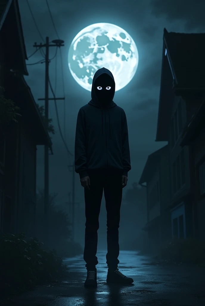 Anime  highschool boy in
dark area in road
Face hidden by Full mask 
Moon in the back
