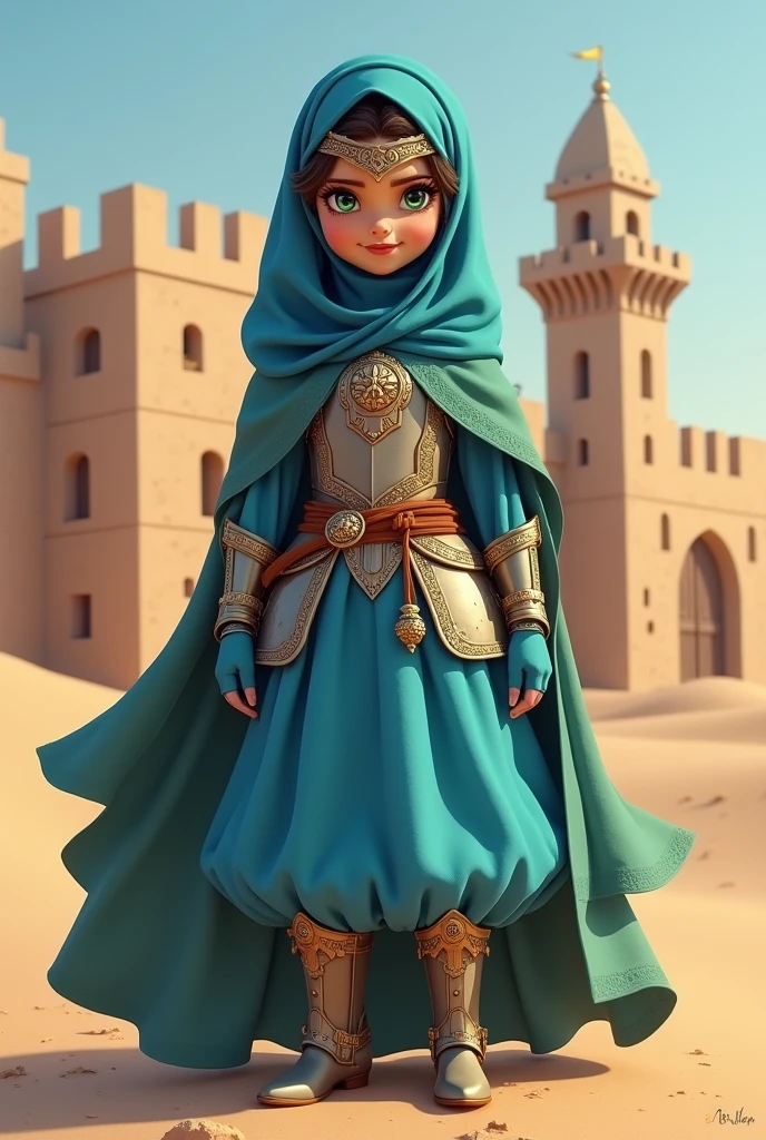 masterpiece, best quality:1.2), smiling at the viewer, arabian warrior princess girl with green eyes, wearing blue hijab headscarf, armor, armored dress, blue puffy princess skirt, green cape, armored boots, blue fingerless gloves, standing in front of desert castle