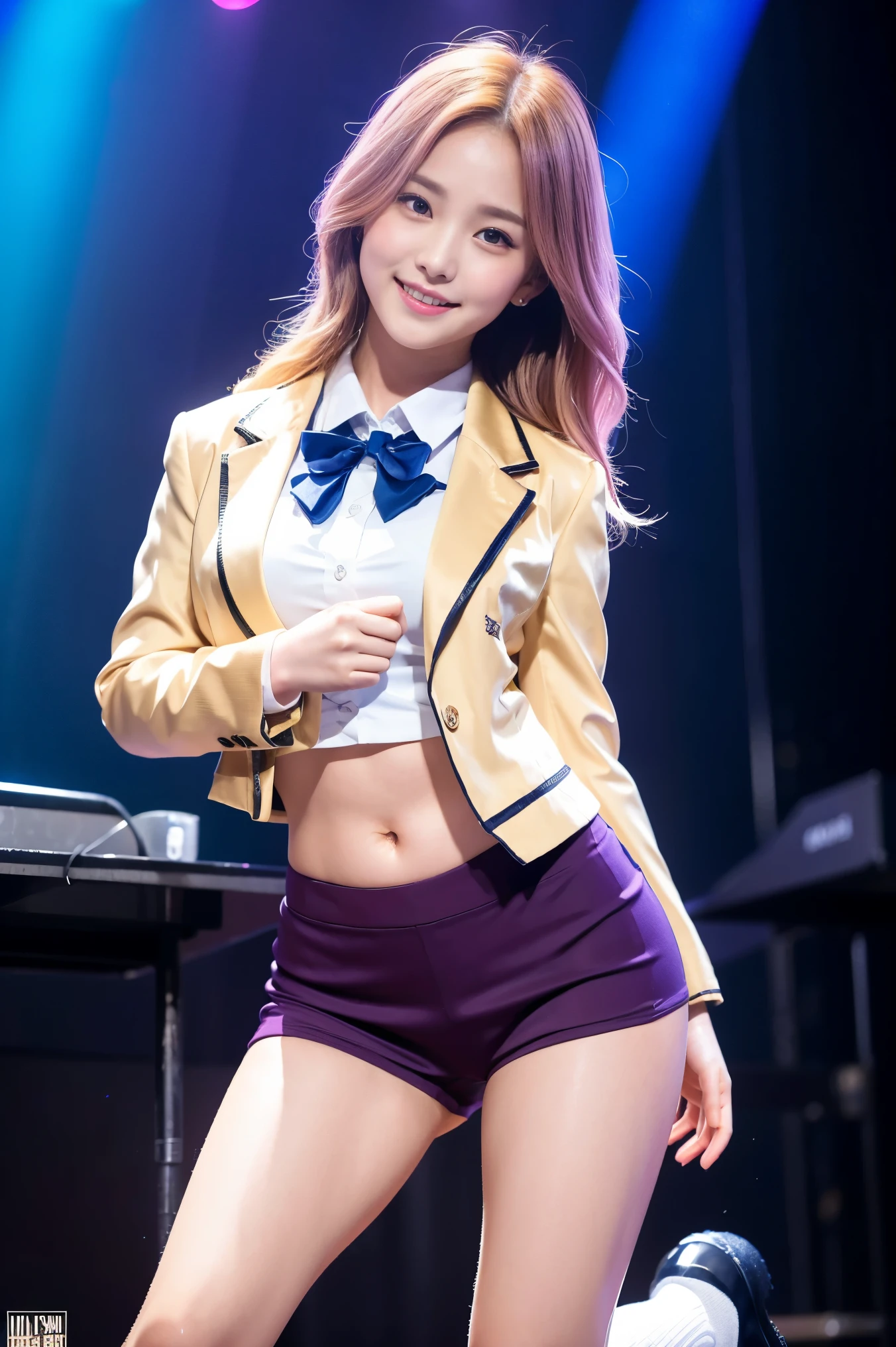 (8k), (highest quality: 1.2), (Realistic), (Realistic: 1.37), Ultra-high resolution, 1 girl, cute, (Embarrassed smile:1.2), (Blushing:1.4)Mouth closed, Beautiful details, Beautiful Nose, silky blonde Hair, Thighs,Navel exposed,University Student Uniform,A simple spancall blazer, tiny hot pants,Platform boots,Dancing on the school stage,(Shiny Thighs:1.2),Medium Shot,(Thick thighs:1.2),Super Low Angle, silky skin thighs,Dance vigorously,(kim chaewon:1.0),(loose sox:1.2),