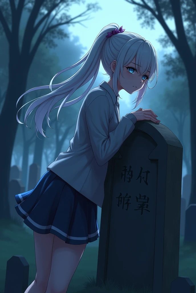I HAVE A EVERYTHING TO DO, A WOMAN of at least 19 or 20 years old, Genshin Impact character, white hair in a ponytail, blue eyes, leaning in the cemetery, she looks sad. She looks towards the grave. The grave belongs to Yip Gaming, Genshin Impact character. genshin impact art.
