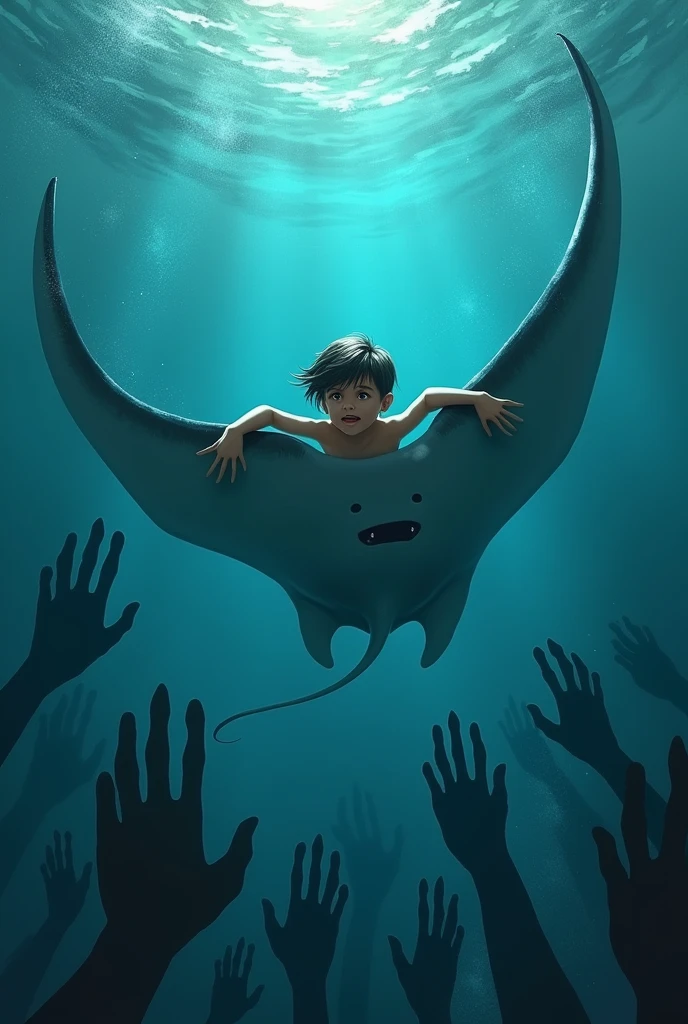 Boy swimming holding on to the back of a manta ray, view from above, in the background hands wanting to grab the