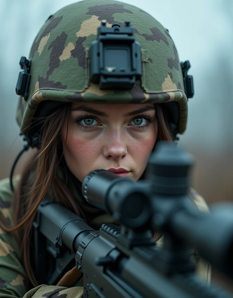 A young and very beautiful female sniper、Detailed face、Beautiful Eyes、Long eyelashes、Serious expression、Tactical Helmet、Camouflage latex suit、Tactical equipment、sniper rifle、War-torn landscape、cloudy、fog、Remains、wreckage、Cinema Lighting、granular、dark、dark、Calm colors、Genuine、8k、High resolution、Detailed Description、masterpiece