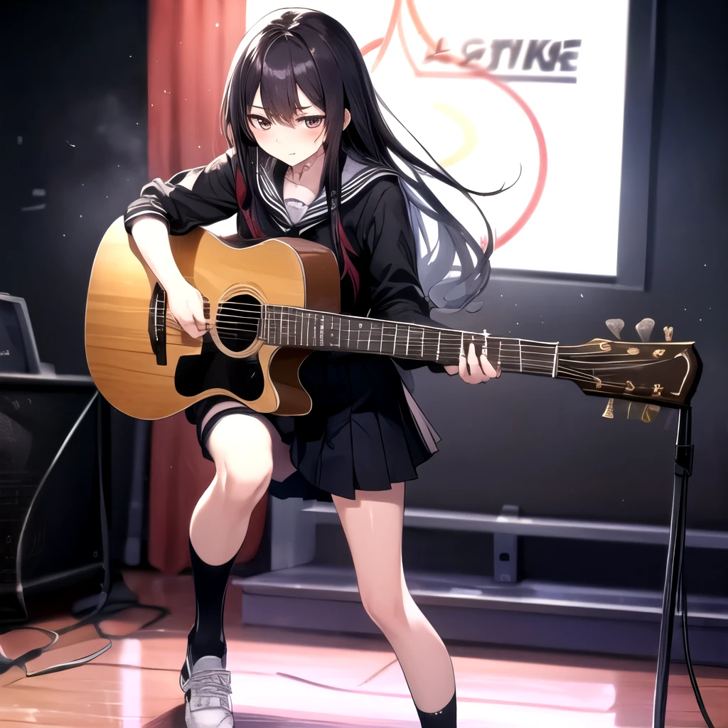 Sailor suit schoolgirl、Playing guitar、He has a stern look on his face and is sweating profusely.、Performing on the stage at the gym、long hair is disheveled、Cute school girl、エレキPlaying guitar、The skirt is knee-length、Black Sailor Suit、Black knee-high socks、White shoes、Are standing、