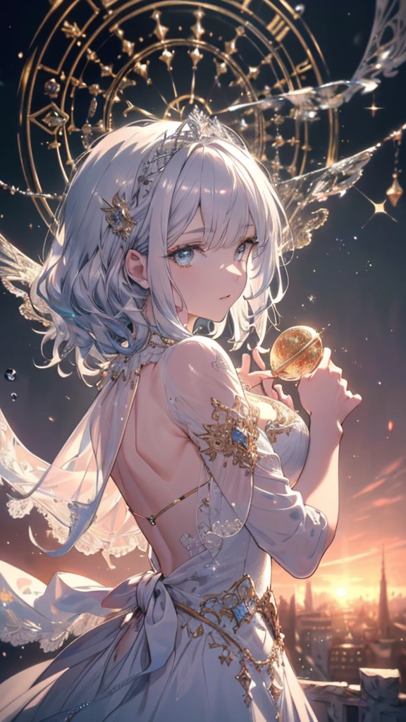 High definition RAW color art, Animation,sculptures, Silver Marble Skin, (((Ultra detailed elegant))), Magical atmosphere, Detailed skin, Texture,(Intricately detailed, Fine detail, ultra-detail art), depth of field, bokeh, Silky Touch, Hyper Detail, beautiful eyes, elegant face, magic circle, sunrise, upper body, (big hip, looking back), view from above