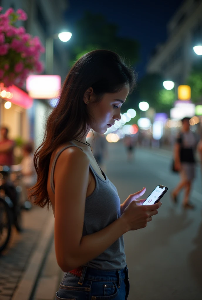 beautiful woman, street at night with lights, fiddling with a smartphone, Shorts, fragrant pink flowers, passers-by, gradation of a night scene, small details, subtle tones, calmness floating across the screen.