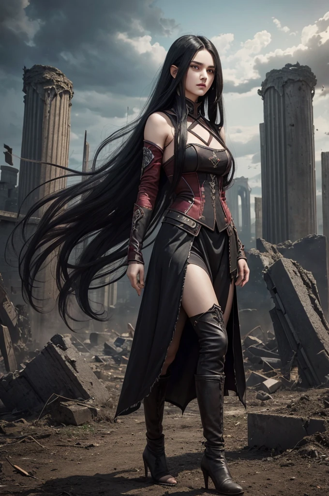 portrait, long hair, black gray hair, crimson eyes, 1girl, head, face, cultivators, absurdres, masterpiece, best quality, cultivators costume, ((female cultivators)), long hair, desolation, ruins, dynamic pose, apocalypse, spellcasting, Style-Glass, full body shot