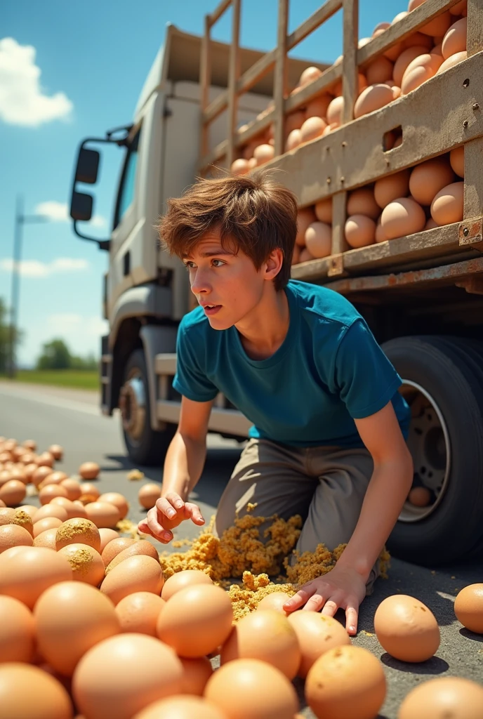 A brown-haired 15 year old France man in a blue T-shirt drives a truck with many egg but the truck fall 
his whole boday are hanging uncooked egg yolk