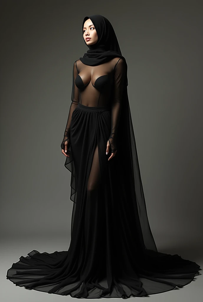 Asian woman wrapped in a transparent black cloth mimicking a mermaid gown with a striking large train, the cloth clings tightly to her figure, incorporates a hijab, standing with poise, see through whole body,half naked, nipple on, dramatic lighting, volumetric textures, ultra realistic, golden ratio.