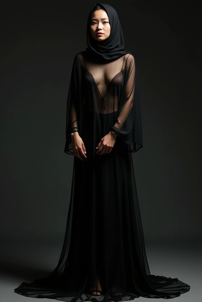Asian woman wrapped in a transparent black cloth mimicking a mermaid gown with a striking large train, the cloth clings tightly to her figure, incorporates a hijab, standing with poise, see through whole body,half naked, nipple on, dramatic lighting, volumetric textures, ultra realistic, golden ratio.