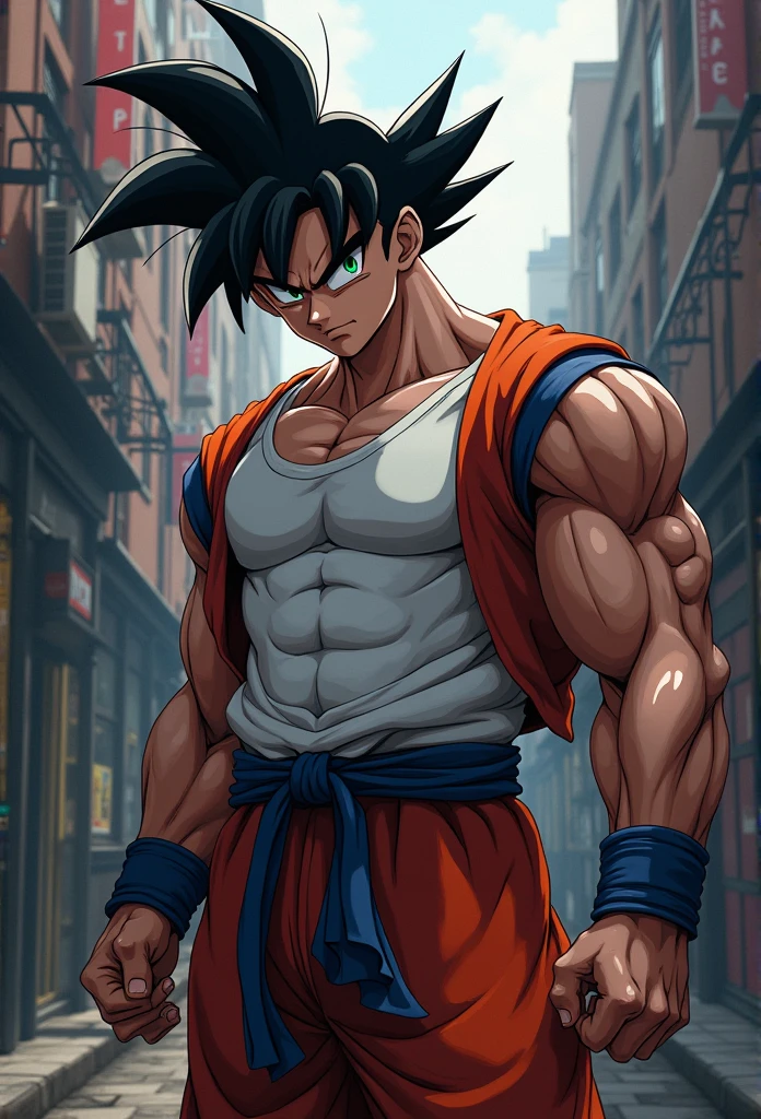 (Realistic,fotorrealista:1.37), design de t-shirt, fundo branco ultra-detalhado,Detailed illustration of Goku as a vampire(circunstanciado,emocional,Expressivo,feature),com roupas estilo streetwear(fashionable,Urbano,casual),Standing in a narrow alley(sombrio,corajoso,Urbano),criado com sombreamento e texturas detalhadas(linhas detalhadas,textured surfaces),cores vivas com uma mistura de tons vibrantes de arte de rua(grafity,Arte Pop,arte Urbanoa),exalando uma aura de poder(poderoso,Energetic,Dynamic presence). The lighting in the scene should be dramatic and focused, com fortes contrastes entre luz e sombra (dramatic lighting,High contrast lighting). Overall image quality should be of the highest standard (best quality,4k,8k,Altas,master part:1.2), capturando cada detalhe intrincado do rosto de Goku, penteado, garments, and muscular physique(tags adicionais para Goku: cabelo espetado, muscular build, confident expression, Olhos determinados). A atmosfera do beco deve refletir um ambiente Urbanoo e arenoso, with hints of a city skyline in the background.