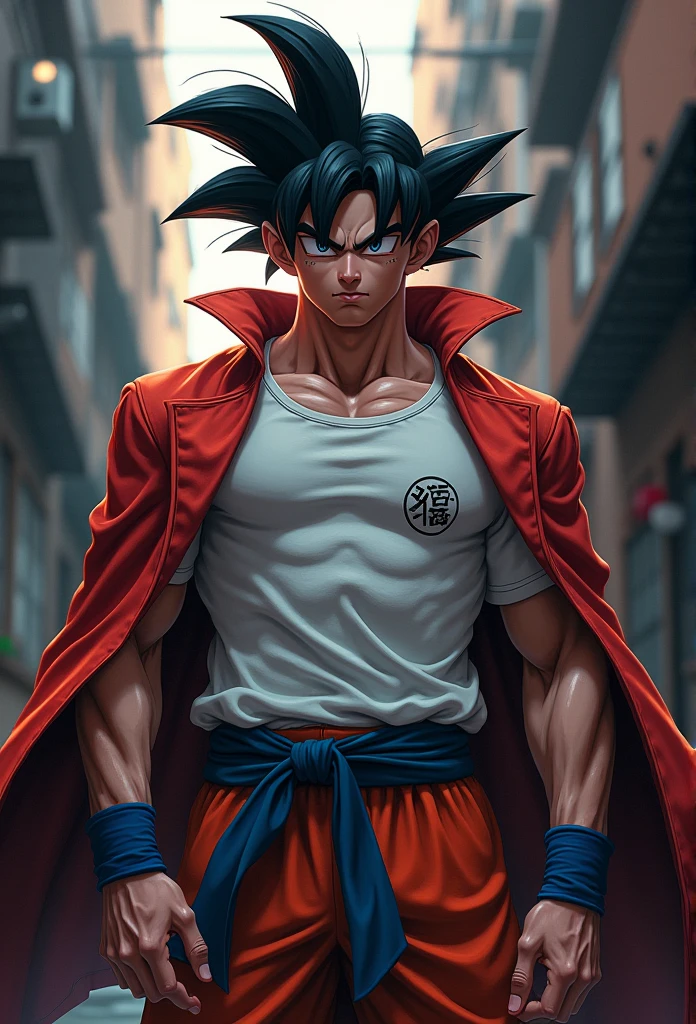 (Realistic,fotorrealista:1.37), design de t-shirt, fundo branco ultra-detalhado,Detailed illustration of Goku as a vampire(circunstanciado,emocional,Expressivo,feature),com roupas estilo streetwear(fashionable,Urbano,casual),Standing in a narrow alley(sombrio,corajoso,Urbano),criado com sombreamento e texturas detalhadas(linhas detalhadas,textured surfaces),cores vivas com uma mistura de tons vibrantes de arte de rua(grafity,Arte Pop,arte Urbanoa),exalando uma aura de poder(poderoso,Energetic,Dynamic presence). The lighting in the scene should be dramatic and focused, com fortes contrastes entre luz e sombra (dramatic lighting,High contrast lighting). Overall image quality should be of the highest standard (best quality,4k,8k,Altas,master part:1.2), capturando cada detalhe intrincado do rosto de Goku, penteado, garments, and muscular physique(tags adicionais para Goku: cabelo espetado, muscular build, confident expression, Olhos determinados). A atmosfera do beco deve refletir um ambiente Urbanoo e arenoso, with hints of a city skyline in the background.