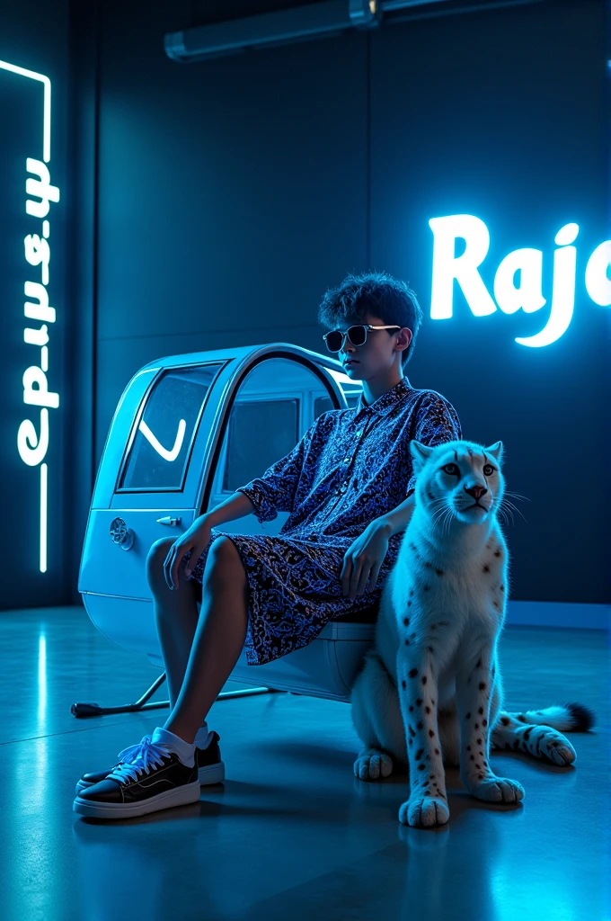 Create a 3D illusion for a profile picture where an 18 year old boy with sunglasses and a blue and black lightning dress sits relaxed on a helicopter fantasy. With HandPanch hand blue neon light. And a fierce White Cheetah by my side. Wearing sneakers, he looked ahead. The background features a large &#39;Rajan&#39; in the large Light Game Room and a large blue neon light font on a large black wall.. There should be no shadow, and there are wings to be made