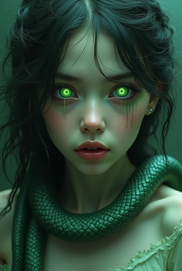 The girl was possessed by a snake, so her pupils were long and green like a snake's and she had plastic eyes, but she was so pretty.