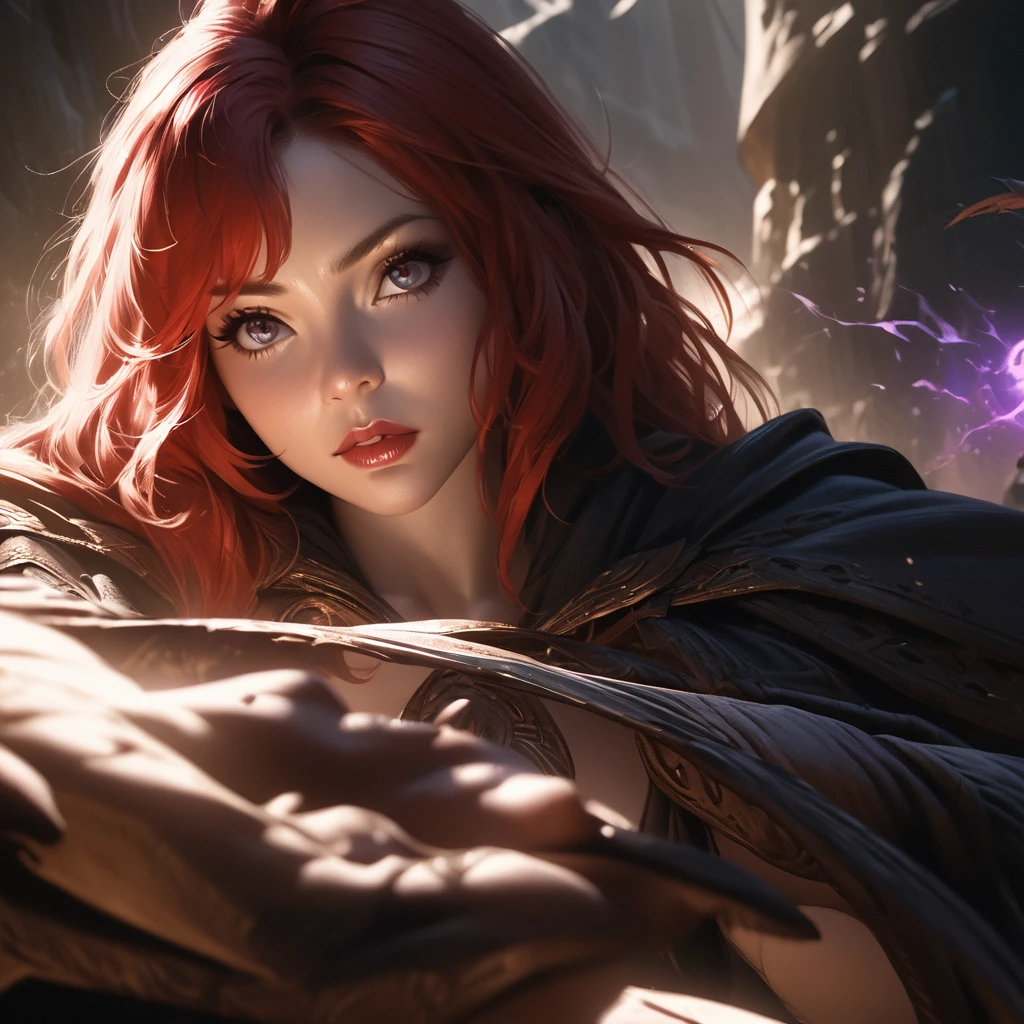 a red-haired witch, beautiful detailed eyes, beautiful detailed lips, extremely detailed eyes and face, long eyelashes, female witch, magic, enchantress, spellcaster, arcane powers, occult, dark fantasy, mysterious, moody lighting, dramatic shadows, cinematic, (best quality, 4k, 8k, highres, masterpiece:1.2), ultra-detailed, (realistic, photorealistic, photo-realistic:1.37), fantasy art, digital painting, concept art