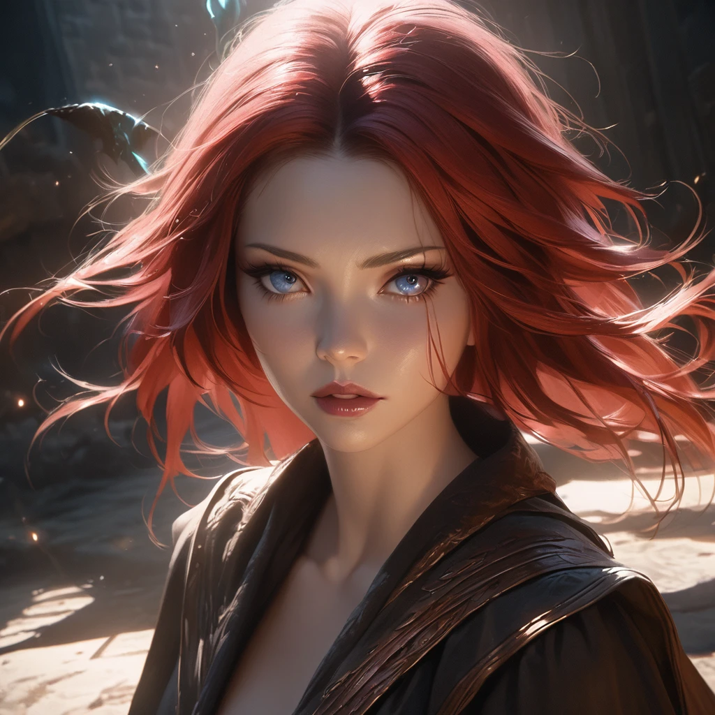 a red-haired witch, beautiful detailed eyes, beautiful detailed lips, extremely detailed eyes and face, long eyelashes, female witch, magic, enchantress, spellcaster, arcane powers, occult, dark fantasy, mysterious, moody lighting, dramatic shadows, cinematic, (best quality, 4k, 8k, highres, masterpiece:1.2), ultra-detailed, (realistic, photorealistic, photo-realistic:1.37), fantasy art, digital painting, concept art