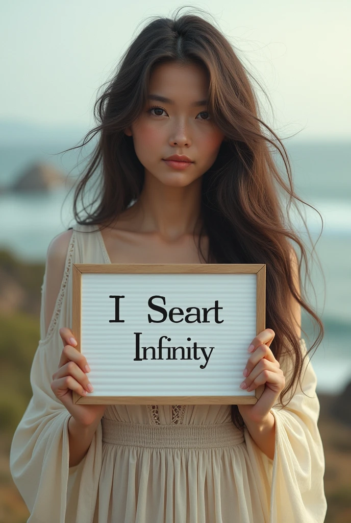Beautiful girl with wavy long hair, bohemian dress, holding a white board with text "I Love Seaart Infinity" and showing it to the viewer