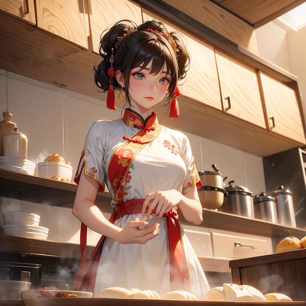 Beautiful girl in ancient Chinese costume Standing in the kitchen making steamed buns in the middle of the day. The sun shines on my face and my eyes sparkle. There is a steamer for steaming steamed buns nearby