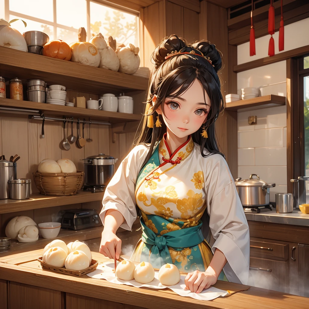 Beautiful girl in ancient Chinese costume Standing in the kitchen making steamed buns in the middle of the day. The sun shines on my face and my eyes sparkle. There is a steamer for steaming steamed buns nearby